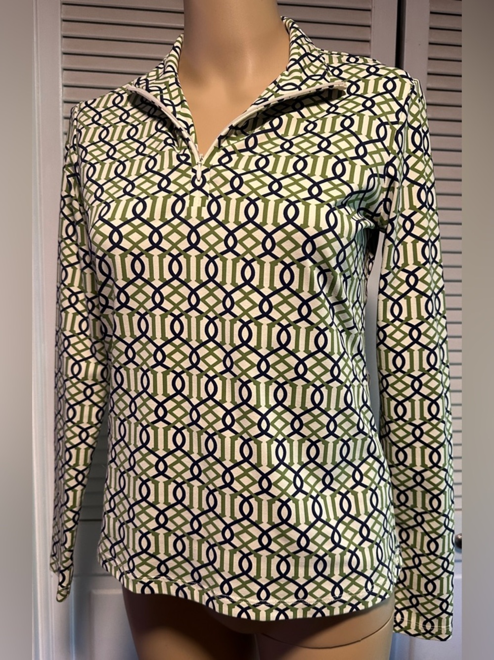 J. McLaughlin 1/4 Zip Pullover Long Sleeve Top Geometric Green Black Women’s XS
